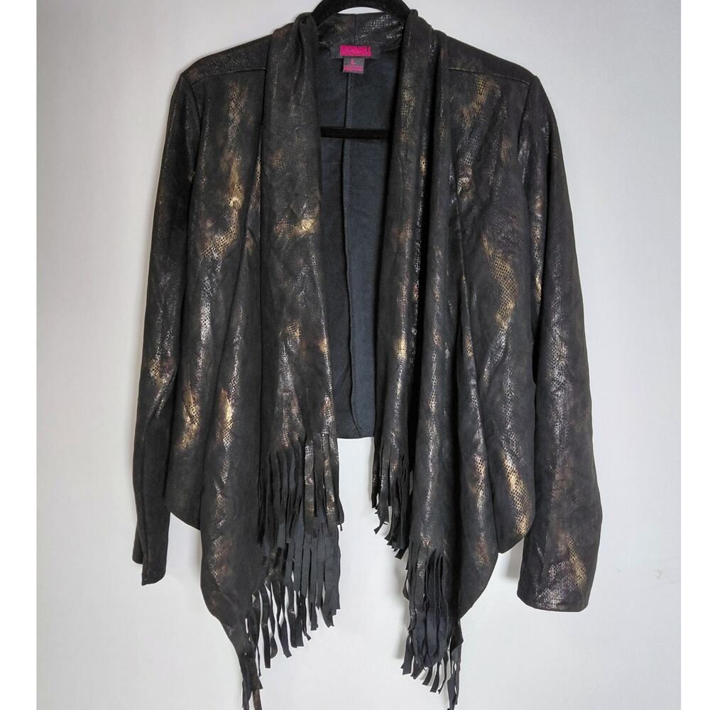 ROCK & Roll Denim Fringe Jacket Black Solid Long Sleeve Women Size L